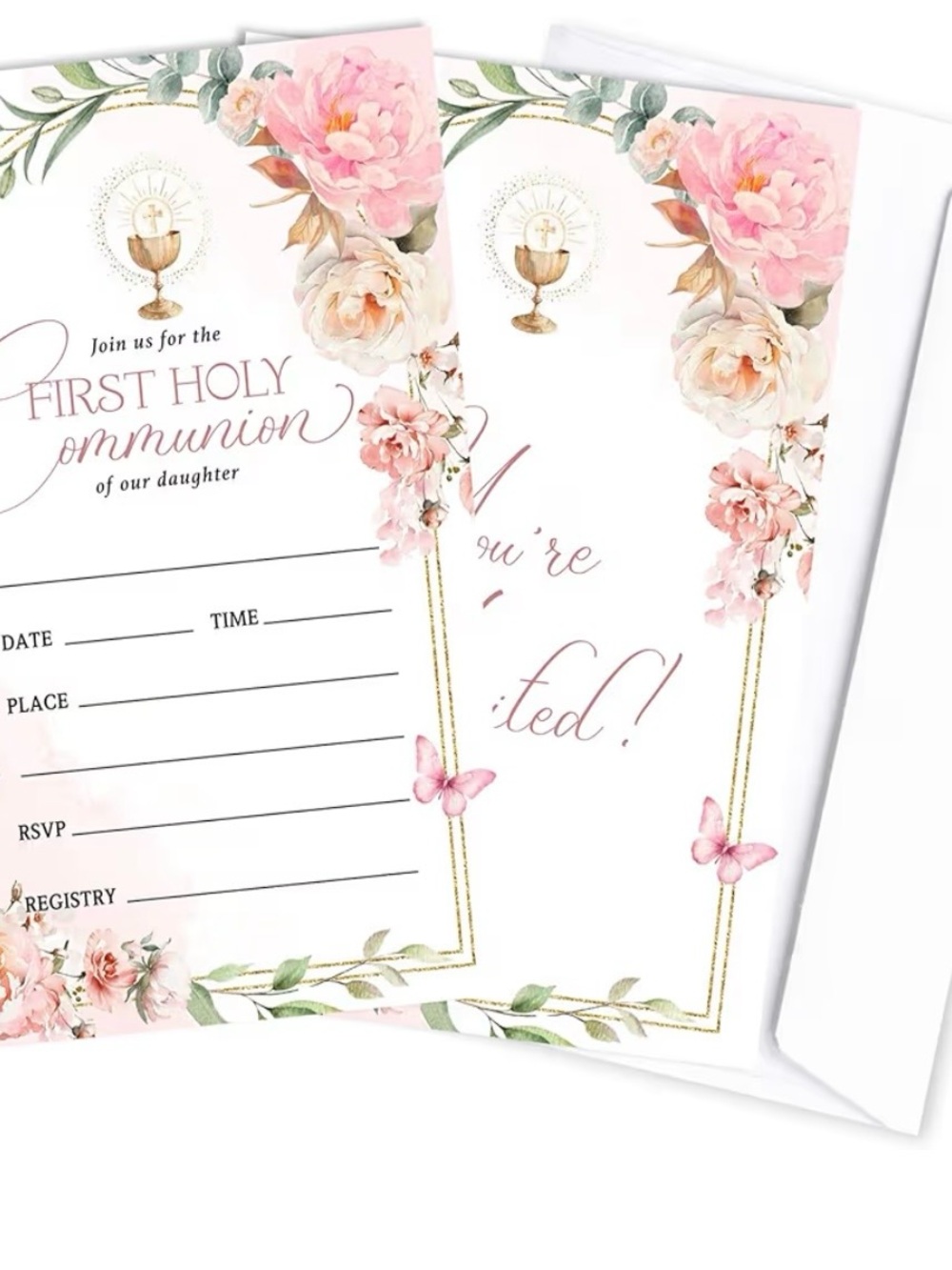 First Holy Communion Invitation Cards - Pink Floral Design